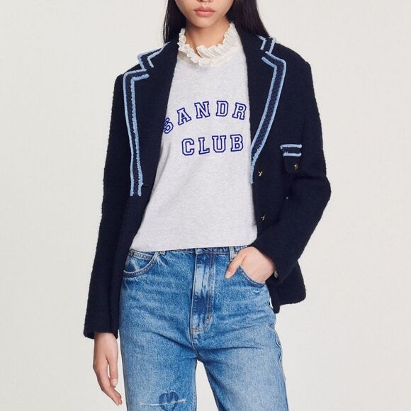 Sandro Noella Navy Tweed Blazer Sz 36 US Sz 4 Braid Trimmed Lined - Picture 11 of 13